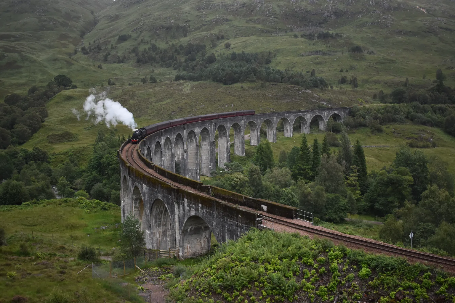 A steam train on the curved Glenfinnan Viaduct seen from the hillside above, green summer hills and woods around it