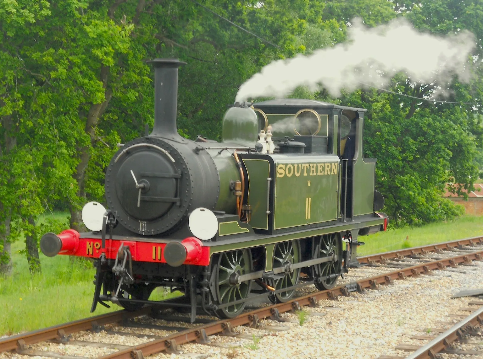 A small green tank engine numbered 11 in Southern livery at Wootton among trees, steam drifting