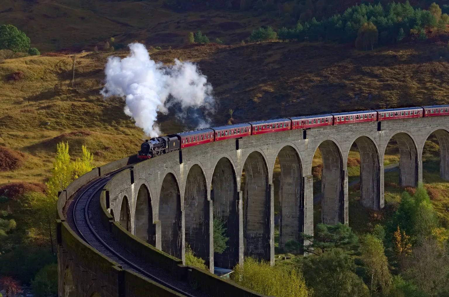 The Jacobite steam train crossing the curved concrete arches of Glenfinnan Viaduct in autumn, steam rising.
