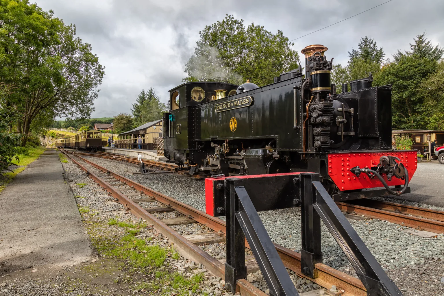 A black narrow gauge steam locomotive, No. 9 Prince of Wales, standing by the buffer stop at Devil’s Bridge station among trees