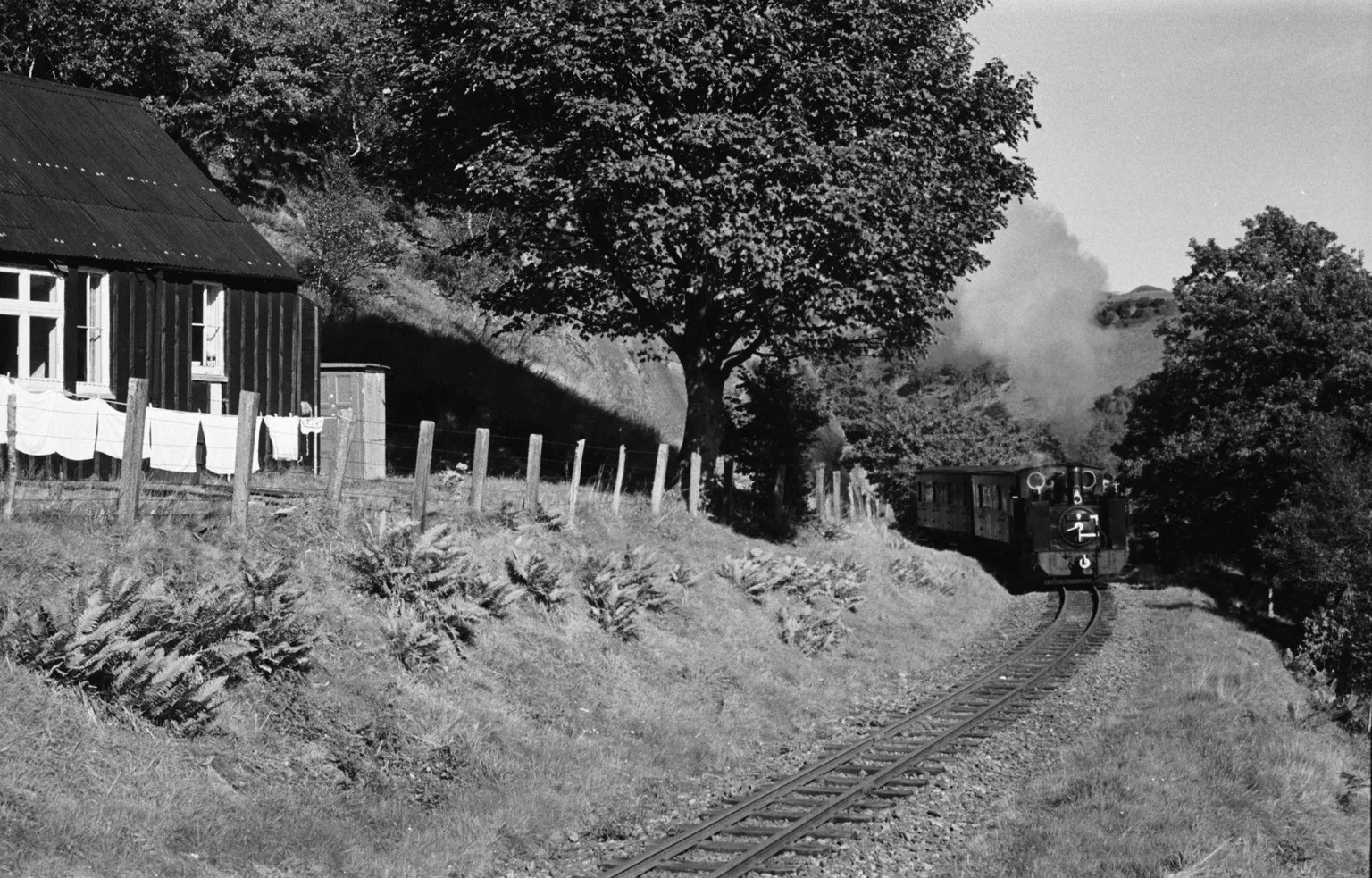 A black and white photograph of a small train rounding a curve beside a wooden cottage with washing on the line