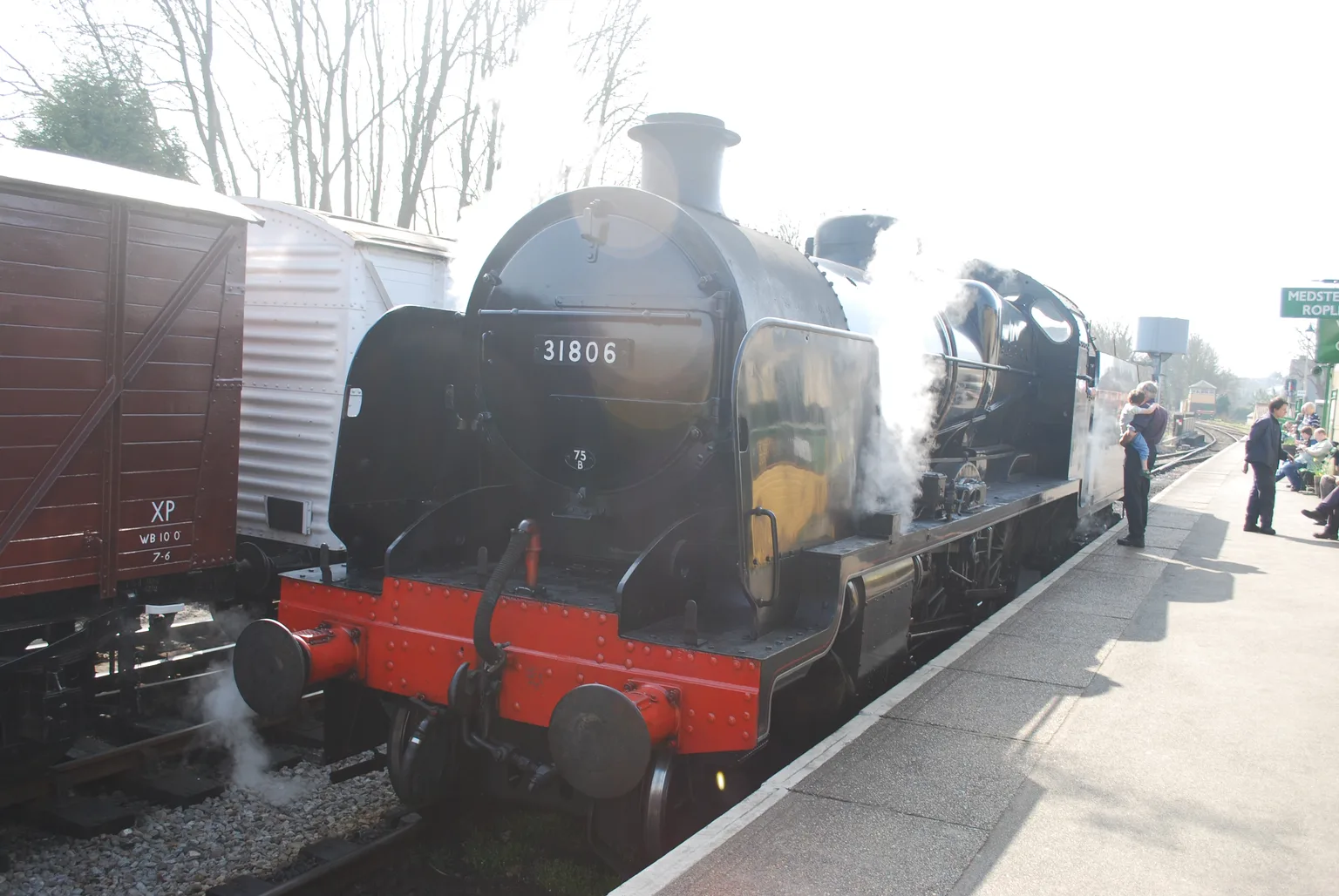 A black tank engine numbered 31806 at a platform beside goods vans during a steam gala