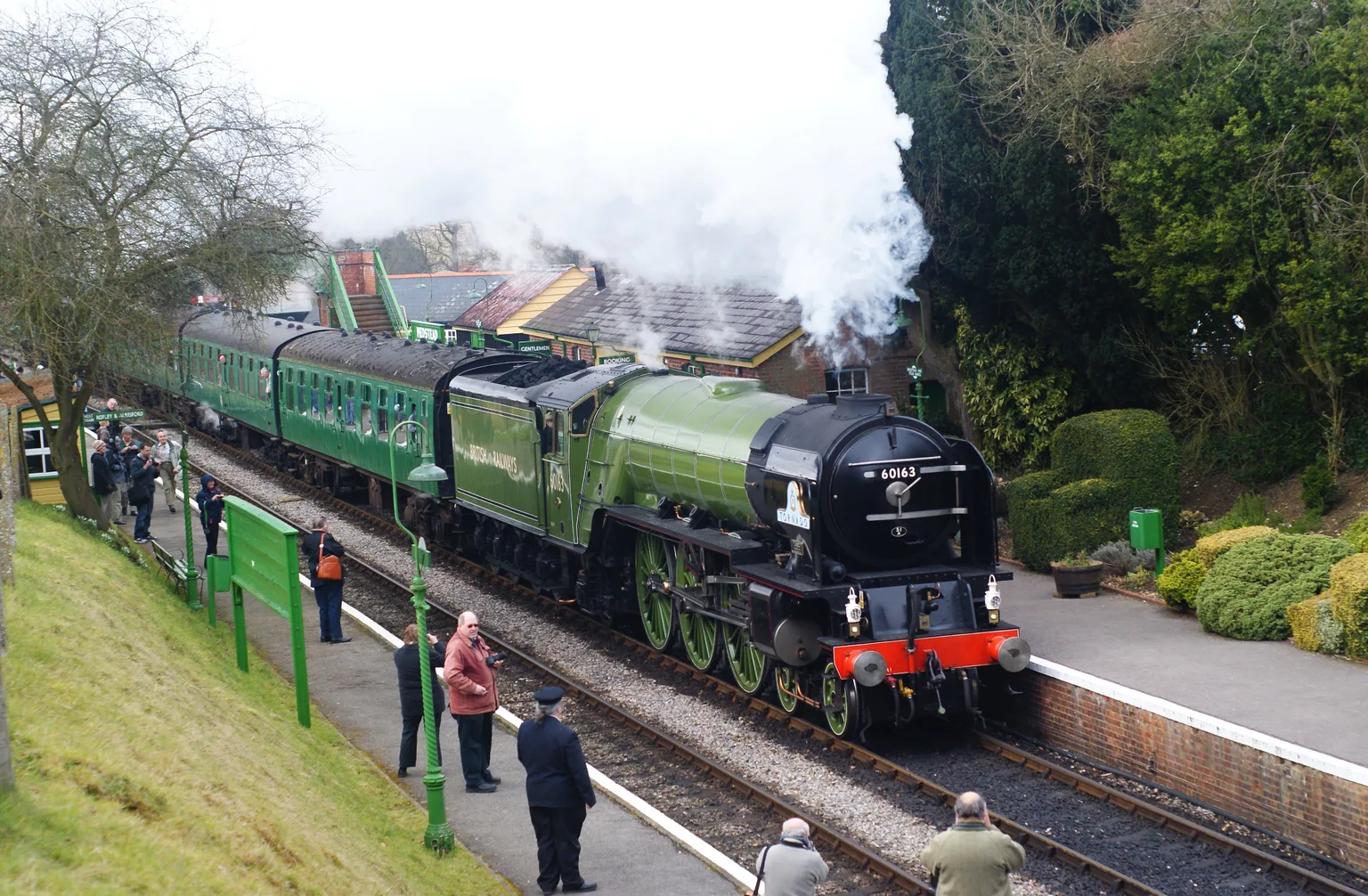 Green steam locomotive 60163 Tornado arriving at a country station with green carriages, people photographing from the platform