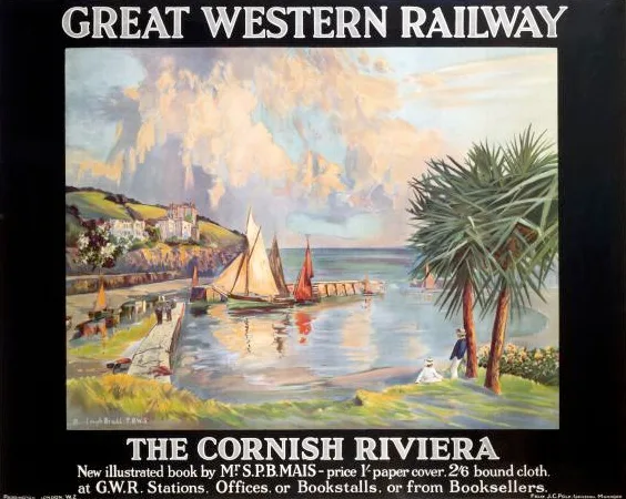 A Great Western Railway poster by Louis Burleigh Bruhl: a Cornish harbour with two sailing boats, a palm tree and a white house on the hill, under the words The Cornish Riviera.