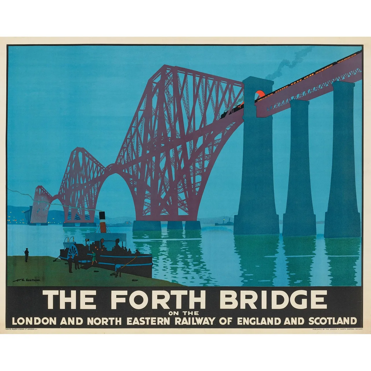 Henry George Gawthorn’s 1928 LNER poster of the Forth Bridge: the red cantilever bridge against a blue sky, a train crossing high above a small steamer on the Firth.