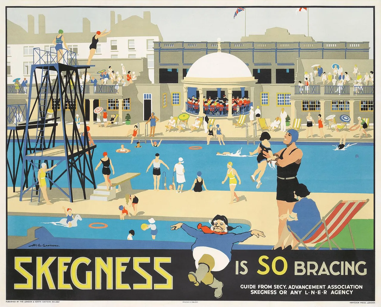 An LNER poster by Henry George Gawthorn: a busy open-air swimming pool with divers, bathers and a band in a domed bandstand, the Jolly Fisherman skipping across the front above the words Skegness is so bracing.