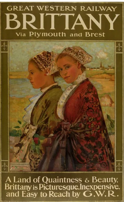 An early Great Western Railway poster for Brittany: two women in Breton lace headdresses, with the words A land of quaintness and beauty, Brittany is picturesque, inexpensive and easy to reach by G.W.R.
