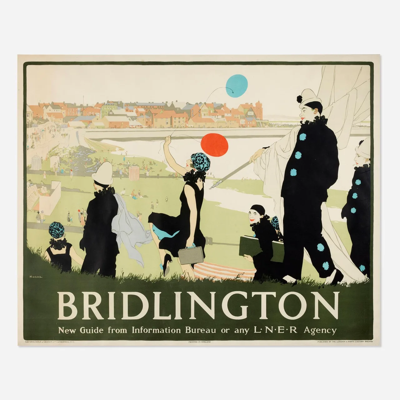 An LNER poster for Bridlington by Reginald Edward Higgins: pierrots and holidaymakers on a grassy clifftop above the harbour town, coloured balloons floating over them.