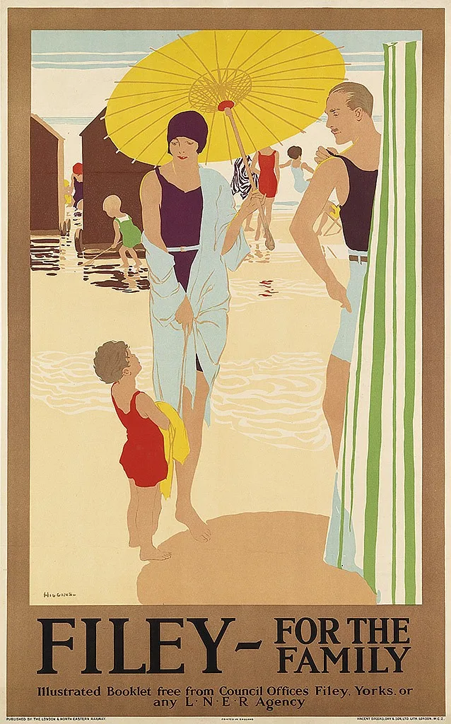 An LNER poster by Reginald Edward Higgins headed Filey for the family: a mother under a yellow parasol, a father in a bathing costume and a small child on the sand.
