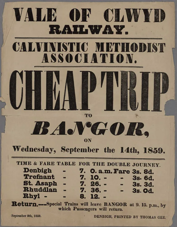 A Vale of Clwyd Railway handbill from 1859 headed Cheap Trip to Bangor, with a timetable and fares from Denbigh, Trefnant, St Asaph, Rhuddlan and Rhyl