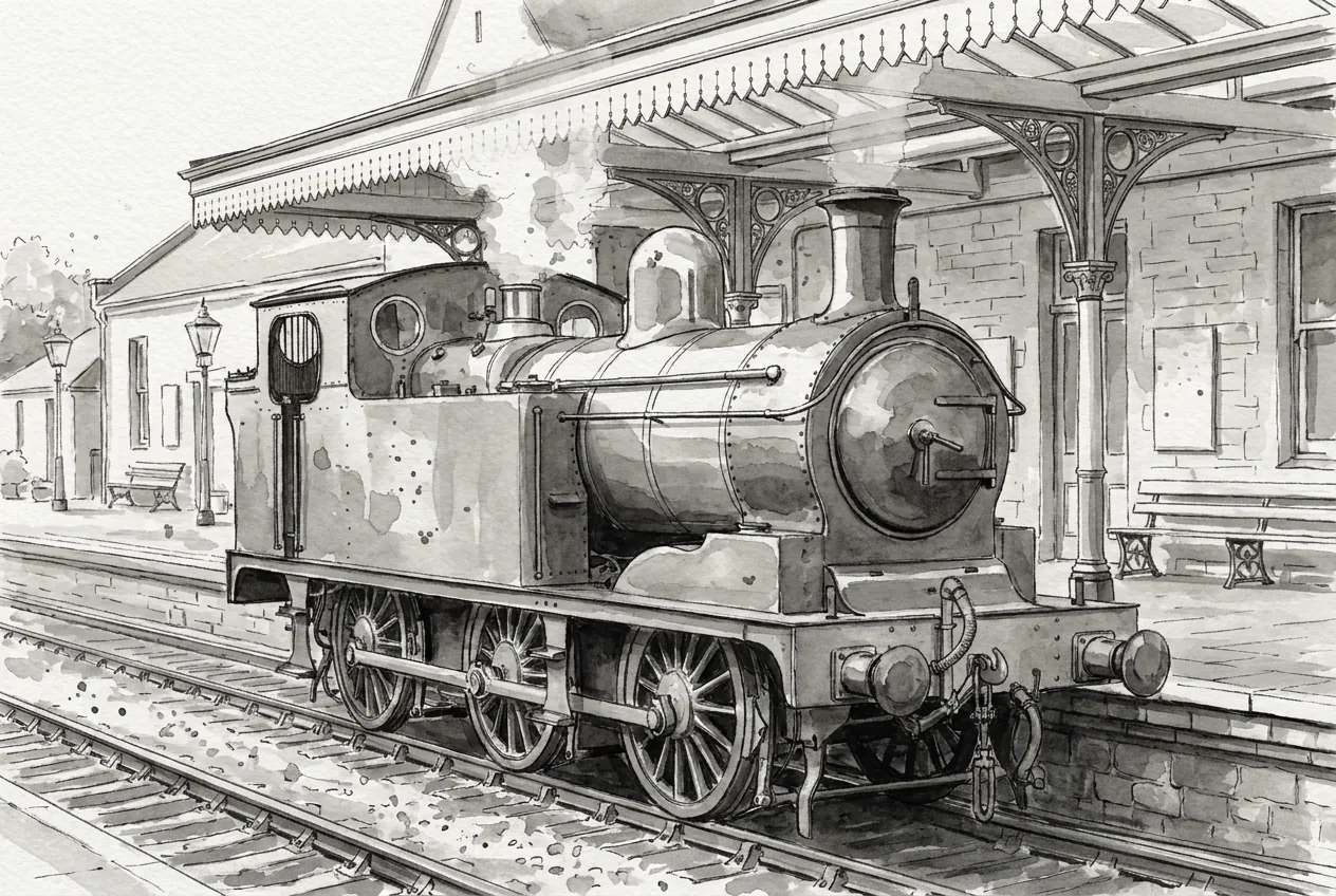 An ink and wash drawing of a small tank engine standing at a station platform under an ornate iron canopy, benches and lamps behind