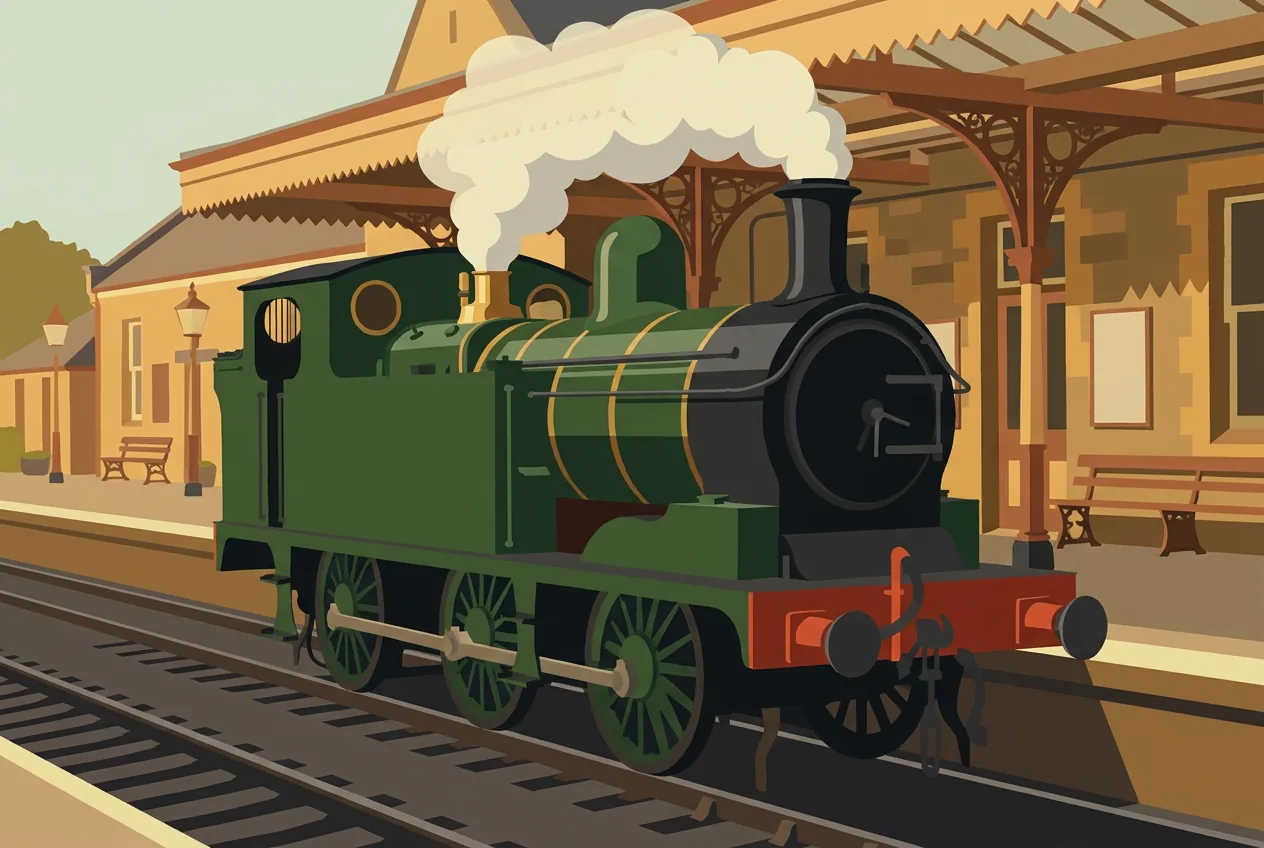 A flat-colour illustration of a green tank engine with polished dome and chimney at a stone station under an ornate canopy in warm evening light.