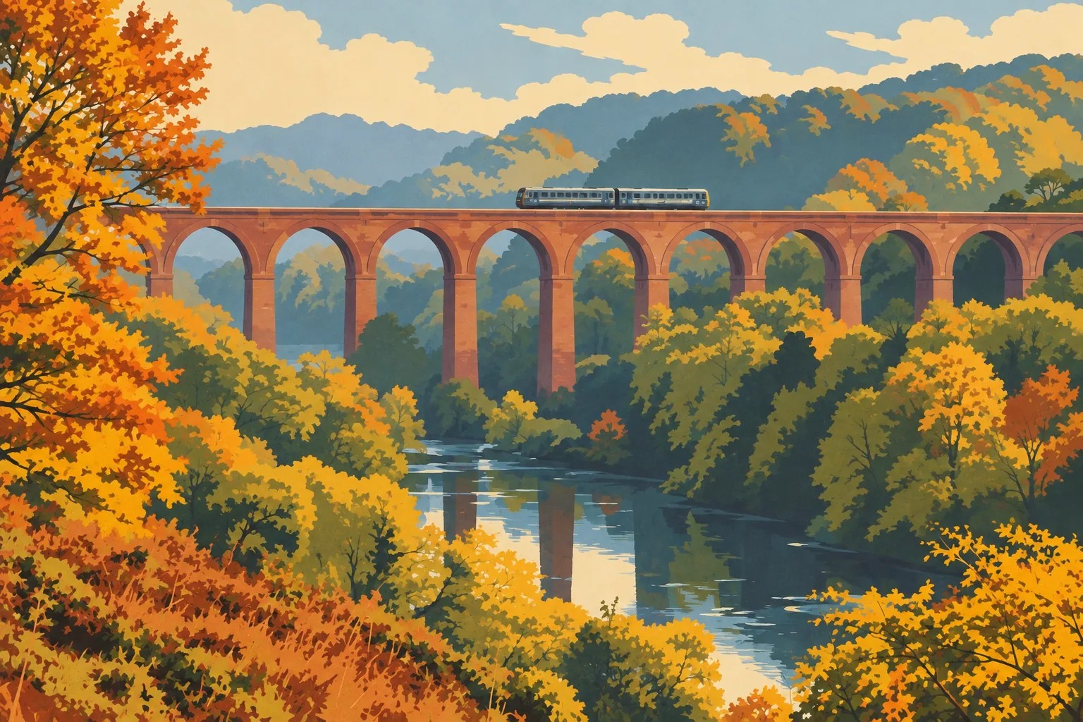 A two-car train crossing a long brick viaduct above an autumn river valley, in a flat-colour railway poster style