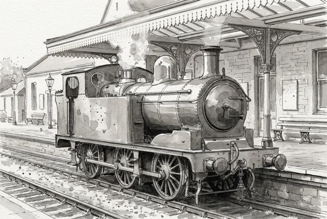 Train photo as a monochrome ink and wash study