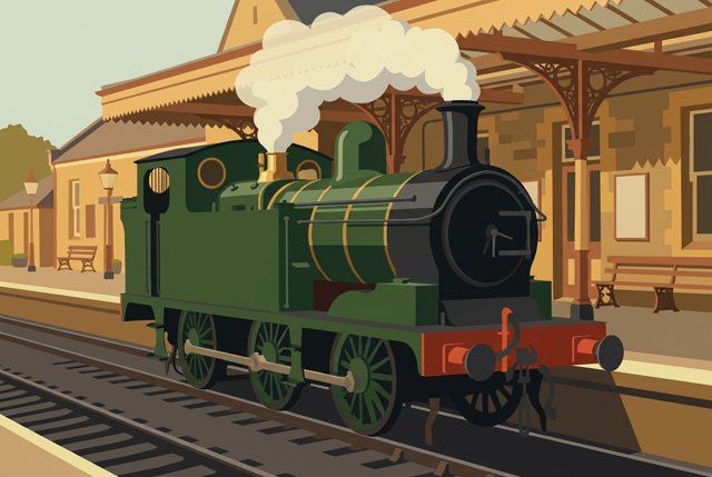 Train photo as a vintage railway travel poster